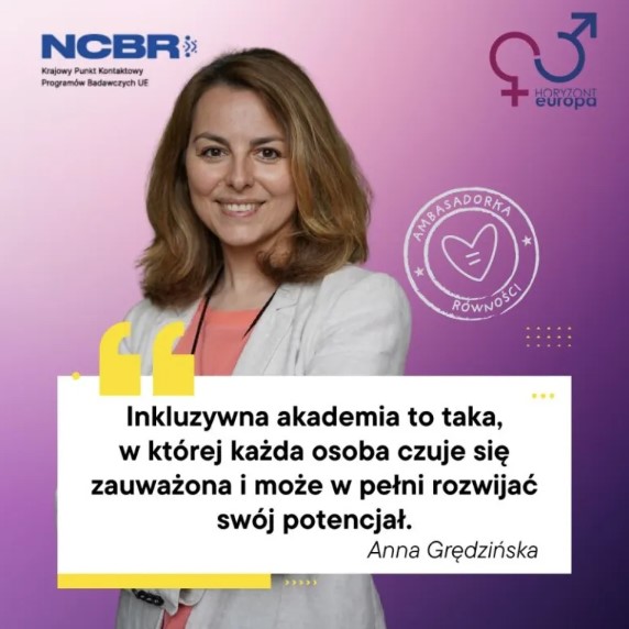 Główna specjalistka ds. równouprawnienia UW na różowym tle z napisem NCBR