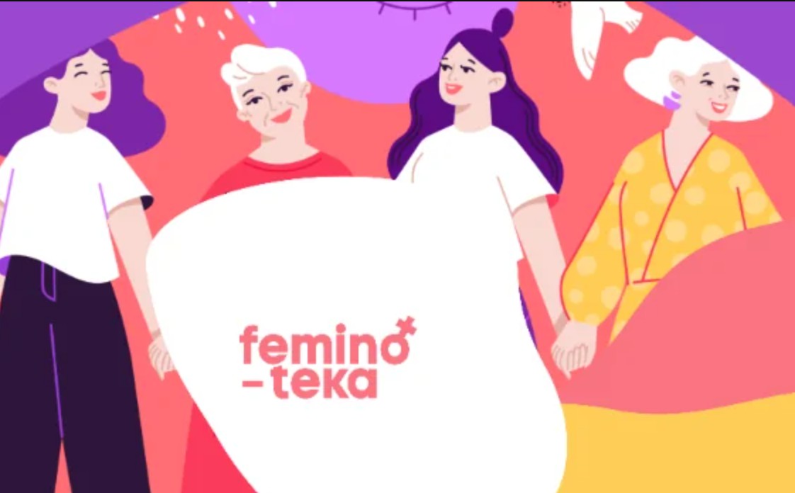Kolorowy plakat z napisem feminoteka